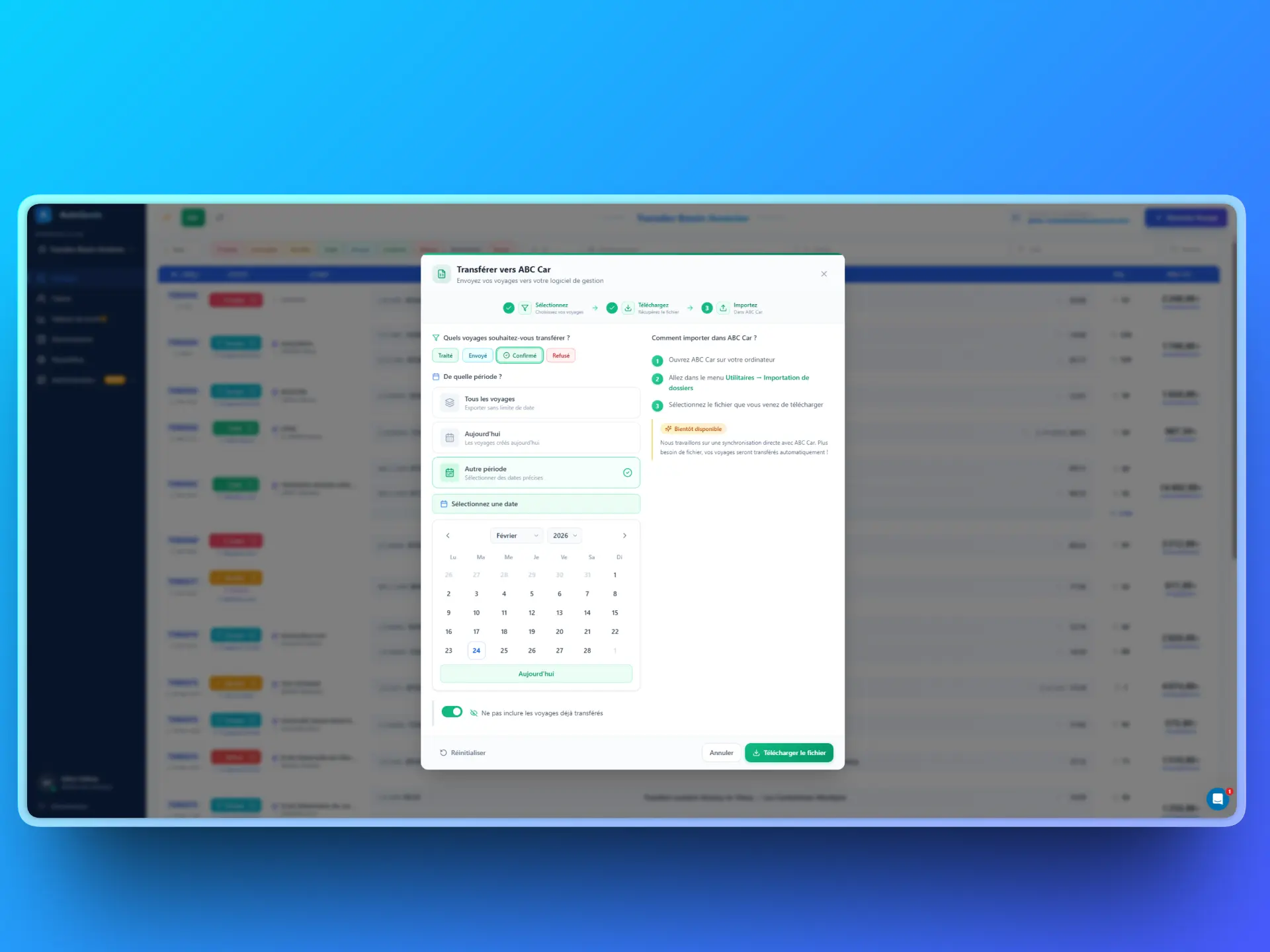 Interface AutoQuote - Modale de transfert vers ABC Car avec filtres par statut, période et option d'exclusion des doublons