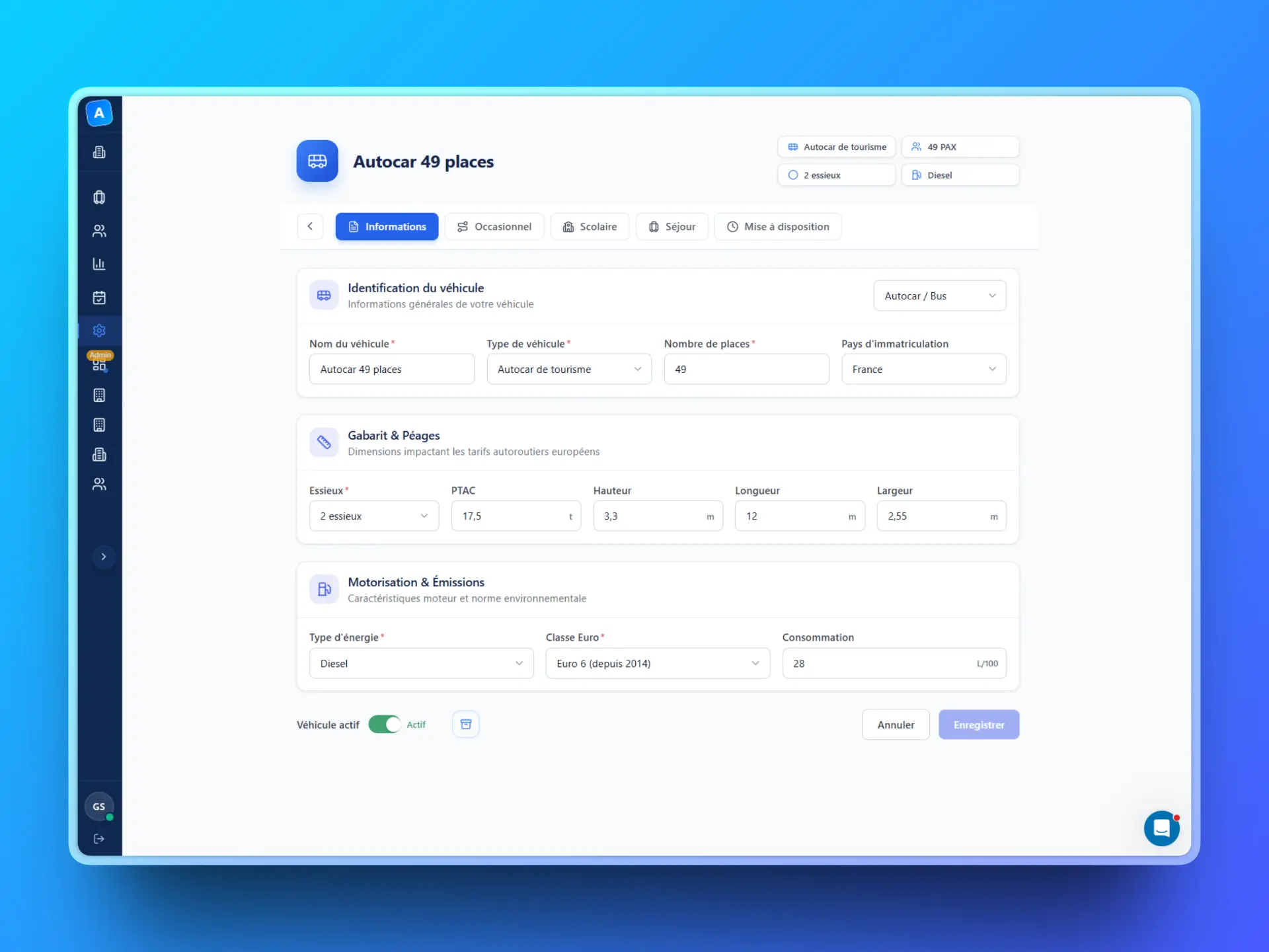 Interface AutoQuote — fiche véhicule avec type d'énergie, classe Euro et consommation L/100km