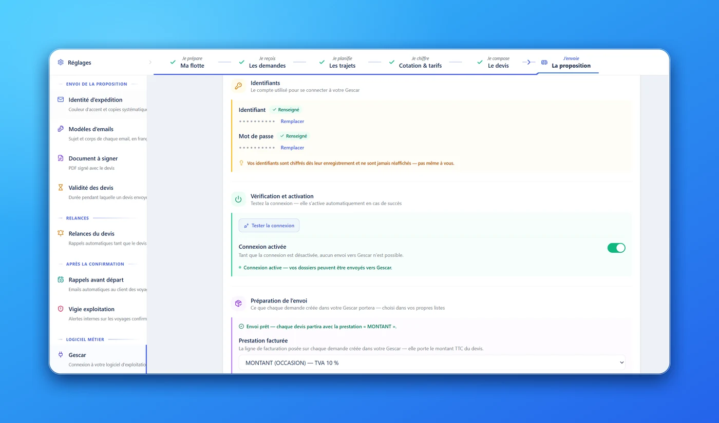 La section Gescar des Réglages AutoQuote : identifiants chiffrés et masqués, test de connexion avec activation automatique, et préparation de l'envoi avec la prestation facturée choisie dans les listes Gescar