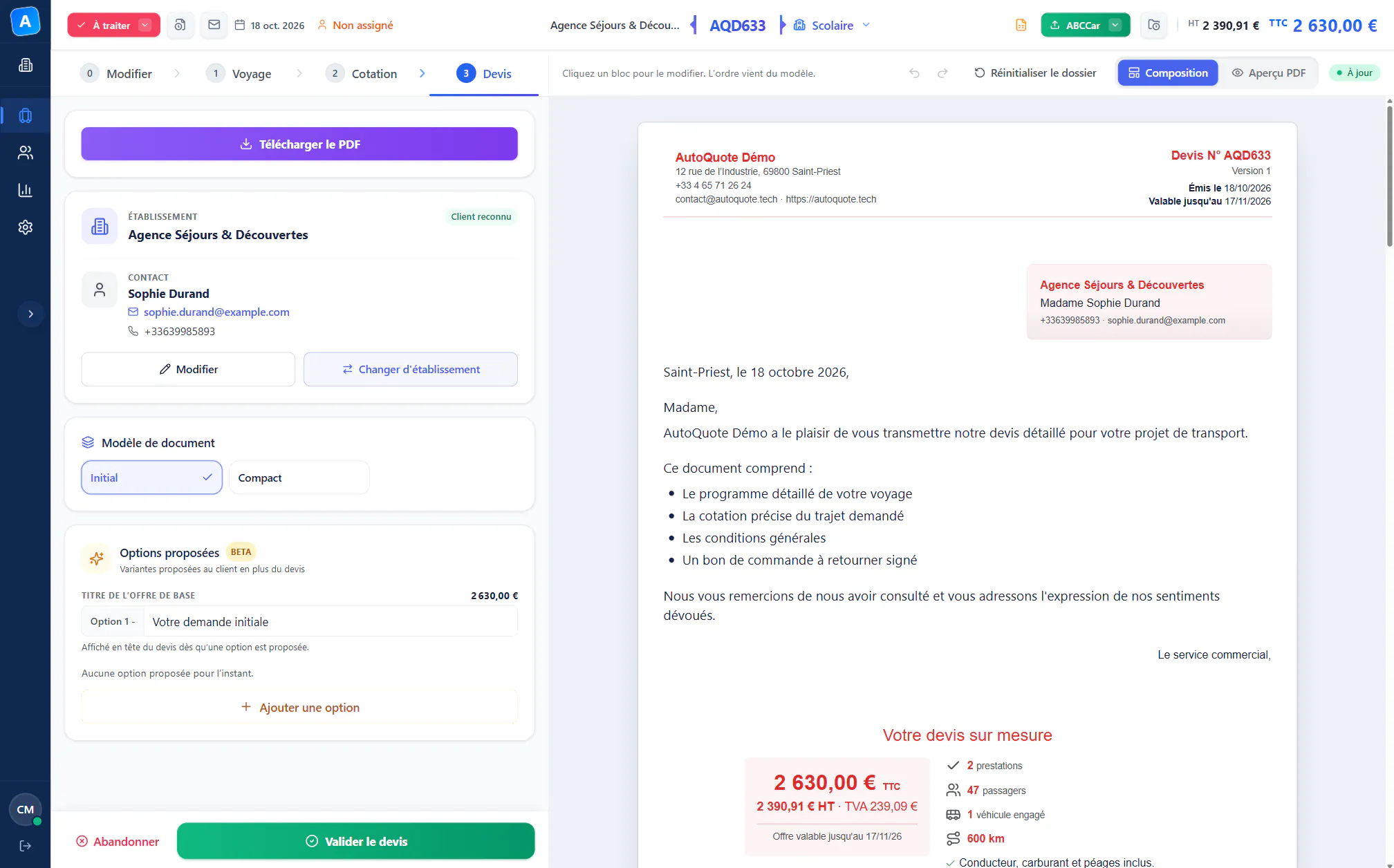 Onglet Devis d’AutoQuote : le devis de la sortie Lyon → Annecy, 2 630 € TTC, prêt à être validé, avec le bouton d’export vers AbcCar