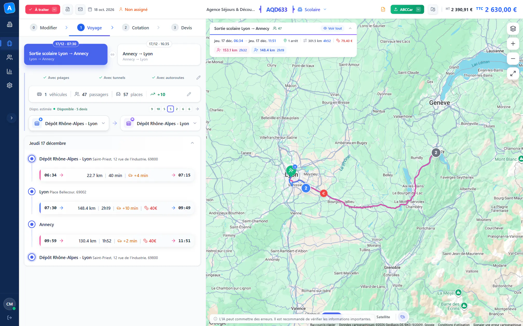 Onglet Voyage d’AutoQuote : sortie scolaire Lyon → Annecy, du dépôt de Saint-Priest au dépôt, avec horaires, kilomètres et péages, et le trajet sur la carte