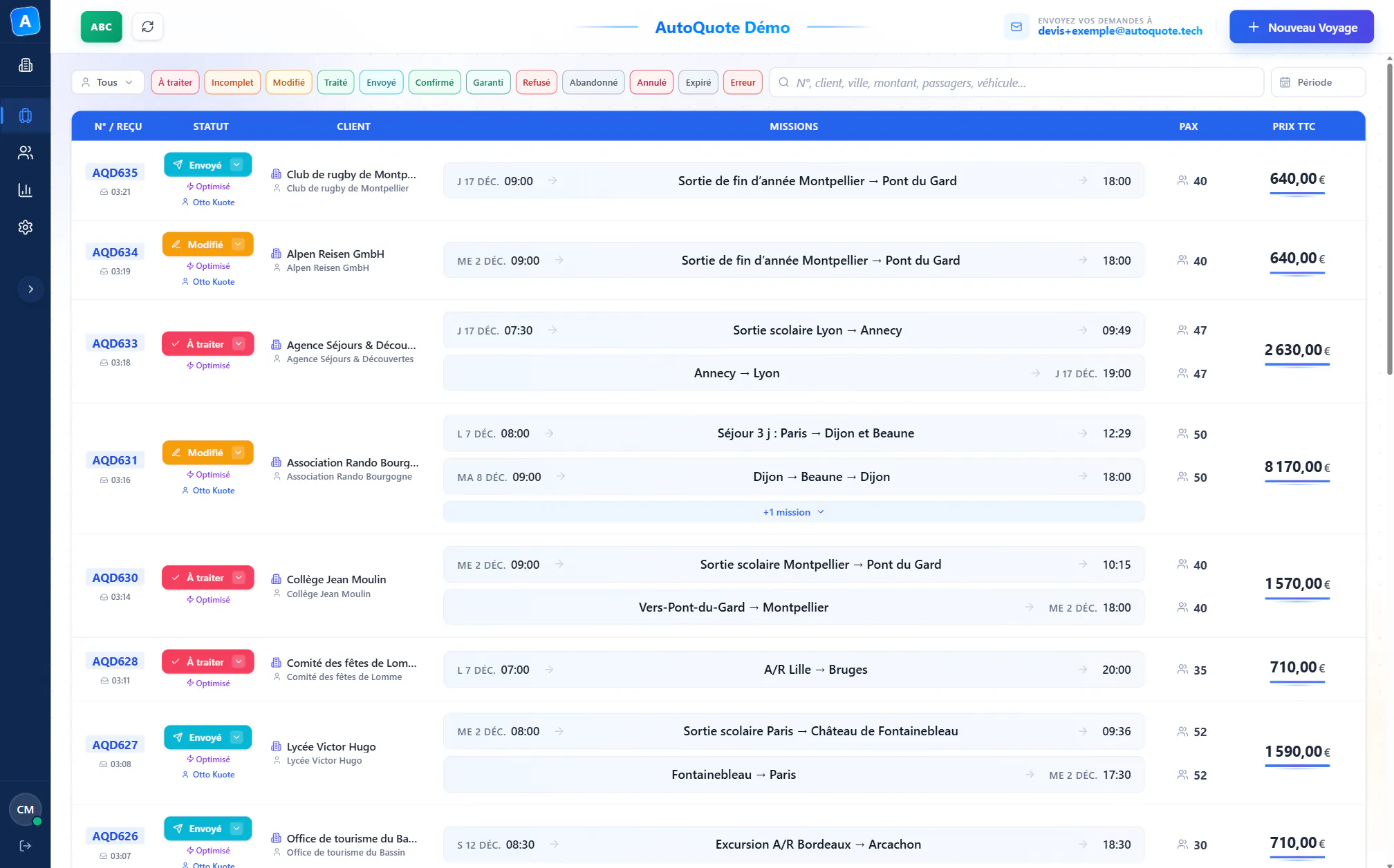 Liste des voyages dans AutoQuote : chaque demande avec son statut, son client, ses missions, ses passagers et son prix TTC